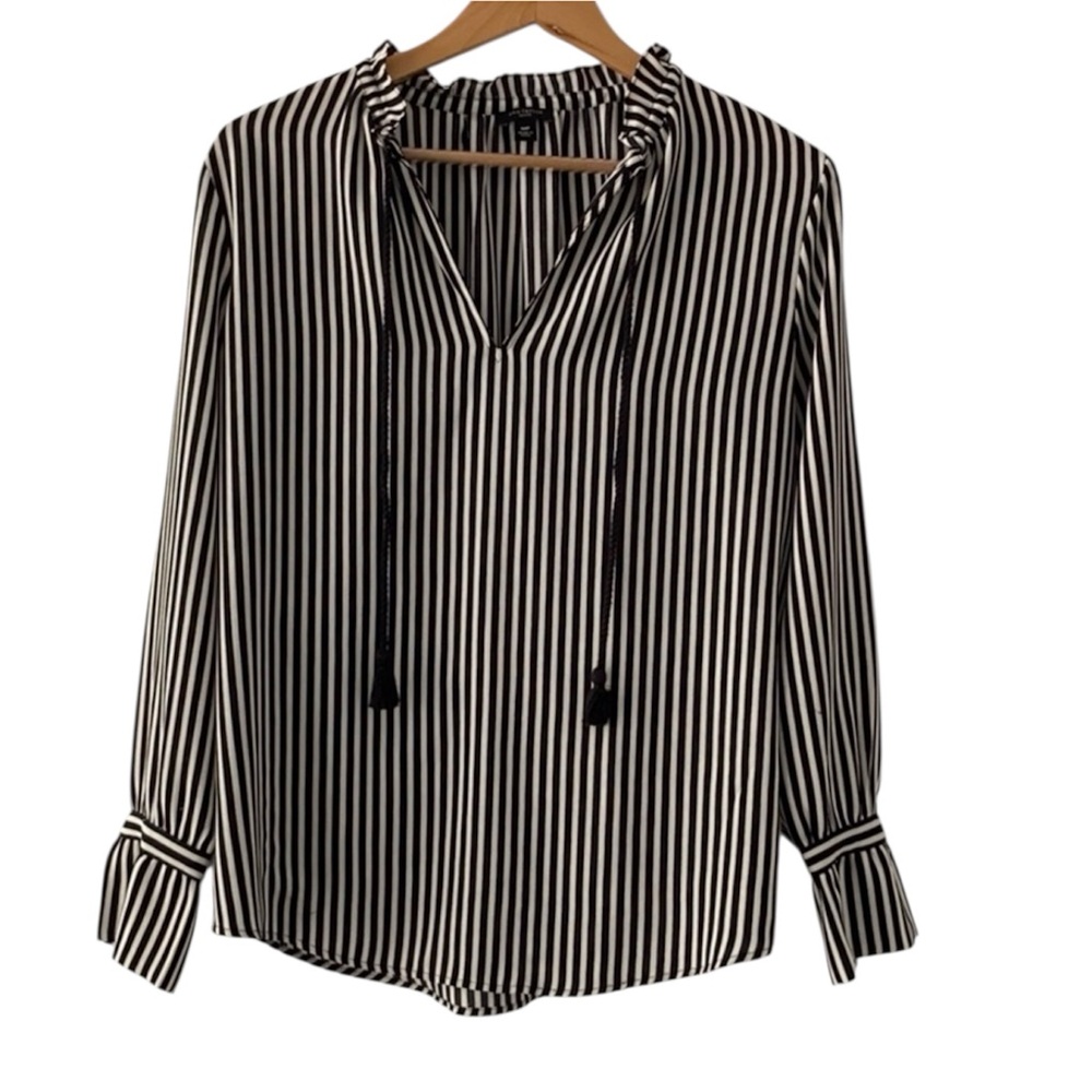 Ann Taylor Petite Blouse Ruffle Mock Neck Stripe Tassel Tie Long Sleeve